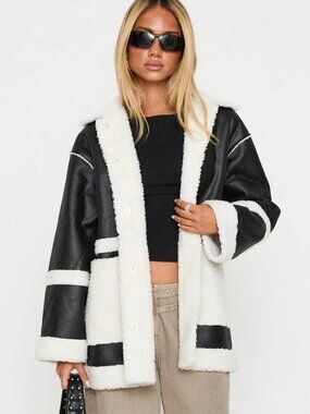 Princess Polly Lexie Faux Leather Jacket Black Sherpa Trim Oversized M/L